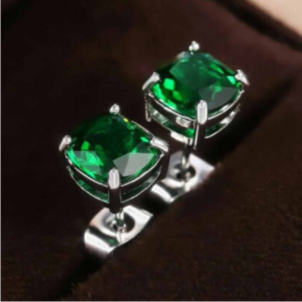Green Stud Earrings Square 8mm with Silver Studs